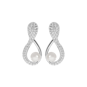 BOUCLES D'OREILLES TIGE ARGENT RHODIÉ PERLE DE CULTURE D'EAU DOUCE BLANCHE 5MM  ET OXYDES BLANCS SERTIS