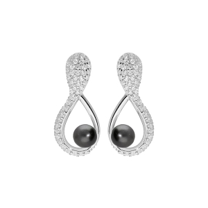 BOUCLES D'OREILLES TIGE ARGENT RHODIÉ PERLE DE CULTURE DE TAHITI VÉRITABLE  7MM  ET OXYDES BLANCS SERTIS