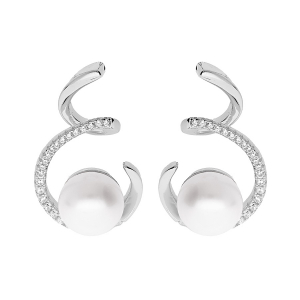 BOUCLES D'OREILLES TIGE ARGENT RHODIÉ PERLE DE CULTURE D'EAU DOUCE BLANCHE 8MM ET OXYDES BLANCS SERTIS