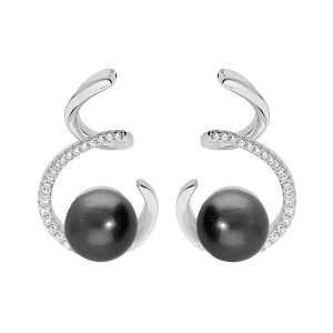 BOUCLES D'OREILLES TIGE ARGENT RHODIÉ PERLE DE CULTURE DE TAHITI VÉRITABLE 7MM ET OXYDES BLANCS SERTIS