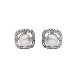 BOUCLES D'OREILLES TIGE ARGENT RHODIÉ CARRÉ 10X10MM OXYDES BLANCS AVEC PERLE DE CULTURE D'EAU DOUCE BLANCHE