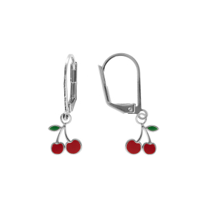 BOUCLES D'OREILLES DORMEUSE ARGENT RHODIÉ PENDENTIF CERISE