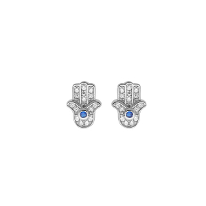 BOUCLES D'OREILLES TIGE ARGENT RHODIÉ MAIN DE FATMA OXYDES BLANCS ET BLEU SERTIS