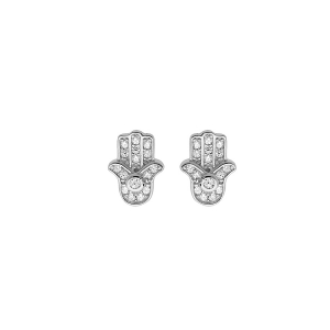 BOUCLES D'OREILLES TIGE ARGENT RHODIÉ MAIN DE FATMA OXYDES BLANCS SERTIS