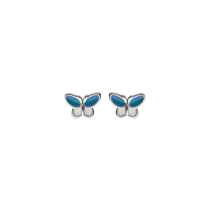 BOUCLES D'OREILLES TIGE ARGENT RHODIÉ PAPILLON RÉSINE BLEU ET BLANCHE