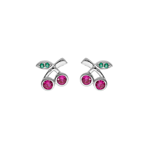 BOUCLES D'OREILLES TIGE ARGENT RHODIÉ CERISE OXYDES ROUGE ET VERT