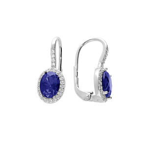 BOUCLES D'OREILLES ARGENT RHODIÉ DORMEUSE PIERRE CENTRALE BLEU SYNTHETIQUE ET CONTOUR OXYDES BLANCS SERTIS