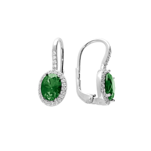BOUCLES D'OREILLES ARGENT RHODIÉ DORMEUSE PIERRE CENTRALE VERTE SYNTHETIQUE ET CONTOUR OXYDES BLANCS SERTIS