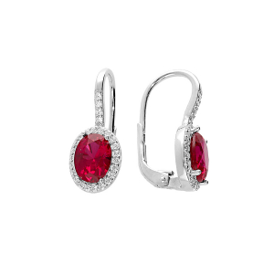 BOUCLES D'OREILLES ARGENT RHODIÉ DORMEUSE PIERRE CENTRALE ROUGE SYNTHETIQUE ET CONTOUR OXYDES BLANCS SERTIS