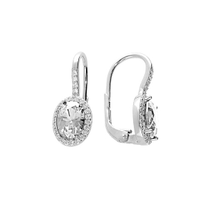 BOUCLES D'OREILLES ARGENT RHODIÉ DORMEUSE PIERRE CENTRALE BLANCHE SYNTHETIQUE ET CONTOUR OXYDES BLANCS SERTIS
