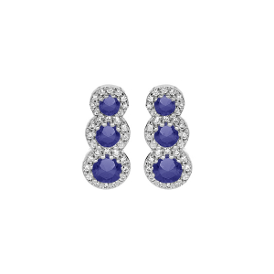 BOUCLES D'OREILLES TIGE ARGENT RHODIÉ 3 PIERRES BLEUES SYNTHETIQUE EN CHUTE ET CONTOUR OXYDES BLANCS SERTIS