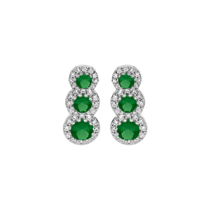 BOUCLES D'OREILLES TIGE ARGENT RHODIÉ 3 PIERRES VERTES SYNTHETIQUE EN CHUTE ET CONTOUR OXYDES BLANCS SERTIS