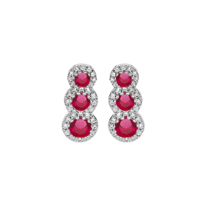 BOUCLES D'OREILLES TIGE ARGENT RHODIÉ 3 PIERRES ROUGES SYNTHETIQUE EN CHUTE ET CONTOUR OXYDES BLANCS SERTIS