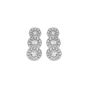 BOUCLES D'OREILLES TIGE ARGENT RHODIÉ 3 PIERRES BLANCHES SYNTHETIQUE EN CHUTE ET CONTOUR OXYDES BLANCS SERTIS