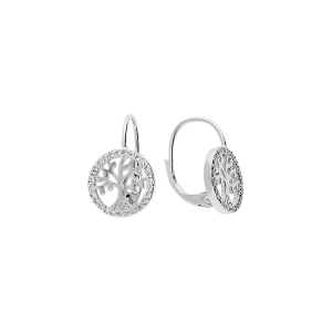 BOUCLES D'OREILLES ARGENT RHODIÉ DORMEUSE ARBRE DE VIE OXYDES BLANCS SERTIS