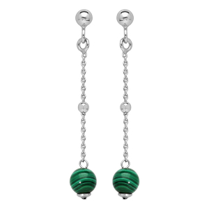 BOUCLES D'OREILLES TIGE ARGENT RHODIÉ PENDANTE 1 BOULE PIERRE MALACHITE VÉRITABLE