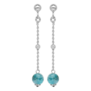 BOUCLES D'OREILLES TIGE ARGENT RHODIÉ PENDANTE 1 BOULE BLEU PIERRE HEMIMORPHITE