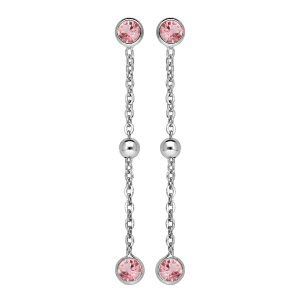 BOUCLES D'OREILLES TIGE ARGENT RHODIÉ PENDANTE 2 OXYDES ROSE SERTIS  ET 1 BOULE
