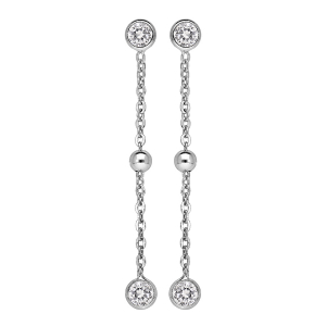 BOUCLES D'OREILLES TIGE ARGENT RHODIÉ PENDANTE 2 OXYDES BLANCS SERTIS ET 1 BOULE BLANCHE PERLE IMITATION