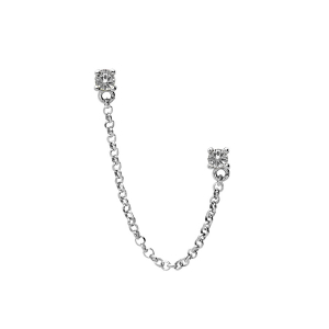 BOUCLES D'OREILLES TIGE ARGENT RHODIÉ DOUBLE AVEC CHAINETTE 2 OXYDES BLANCS SERTIS (2 TROUS)