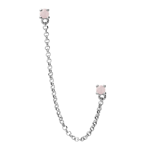 BOUCLES D'OREILLES TIGE ARGENT RHODIÉ DOUBLE AVEC CHAINETTE 2 TOURMALINE ROSE VÉRITABLE SERTIS