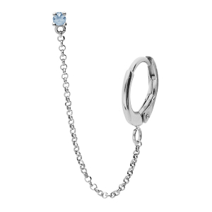 BOUCLES D'OREILLES TIGE ARGENT RHODIÉ PIERRE TOPAZE BLEU VÉRITABLE SERTI GRIFFE AVEC CHAINETTE ET CREOLE SUR LOBE