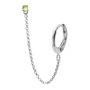 BOUCLES D'OREILLES TIGE ARGENT RHODIÉ PIERRE PÉRIDOT VÉRITABLE SERTI CHAINETTE ET CREOLE SUR LOBE