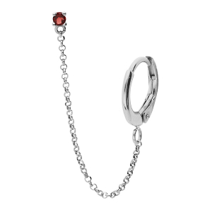 BOUCLES D'OREILLES TIGE ARGENT RHODIÉ 1 PIERRE GRENAT VÉRITABLE SERTIE CHAINETTE ET CREOLE SUR LOBE