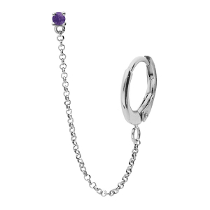 BOUCLES D'OREILLES TIGE ARGENT RHODIÉ 1 PIERRE AMÉTHYSTE VÉRITABLE SERTIE CHAINETTE ET CREOLE SUR LOBE