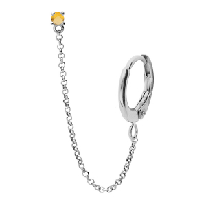 BOUCLES D'OREILLES TIGE ARGENT RHODIÉ 1 PIERRE CITRINE VÉRITABLE SERTIE CHAINETTE ET CREOLE SUR LOBE