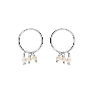 BOUCLES D'OREILLES TIGE ARGENT RHODIÉ CERCLE AVEC 3 PAMPILLES PERLE DE CULTURE D'EAU DOUCE