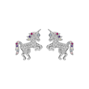 BOUCLES D'OREILLES TIGE ARGENT RHODIÉ LICORNE OXYDES MULTI COULEURS SERTIS