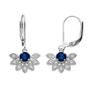 BOUCLES D'OREILLES ARGENT RHODIÉ DORMEUSE DEMI FLEUR SAPHIR VÉRITABLE ET TOPAZES BLANCHES