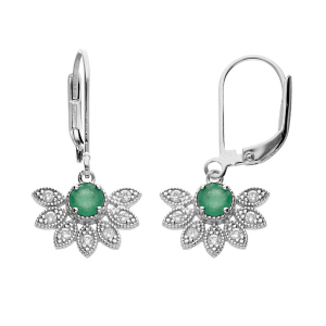 BOUCLES D'OREILLES ARGENT RHODIÉ DORMEUSE DEMI FLEUR EMERAUDE VÉRITABLE ET TOPAZES BLANCS