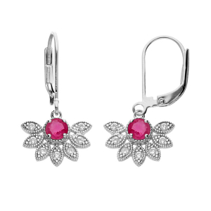 BOUCLES D'OREILLES ARGENT RHODIÉ DORMEUSE DEMI FLEUR RUBIS VÉRITABLE ET TOPAZES BLANCHES