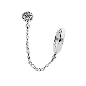 BOUCLES D'OREILLES ARGENT RHODIÉ 2 TROUS CREOLE 12MM AVEC ROND OXYDES BLANCS SERTIS ET CHAINETTE  (A L'UNITÉ)