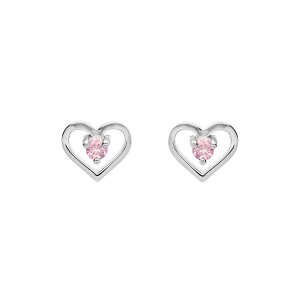 BOUCLES D'OREILLES TIGE ARGENT PLATINÉ COEUR OXYDE ROSE
