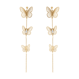 BOUCLES D'OREILLES TIGE ARGENT DORÉ 3 PAPILLONS OXYDE BLANC