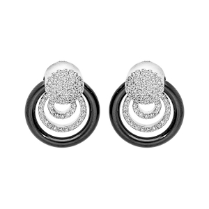 BOUCLES D'OREILLES TIGE ARGENT RHODIÉ MASSIF ANNEAU CERAMIQUE NOIRE ET PASTILLES OXYDES BLANCS SERTIS