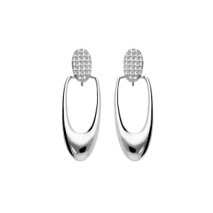 BOUCLES D'OREILLES TIGE ARGENT RHODIÉ MASSIF PENDANTE OVALE ET OXYDES BLANCS SERTIS