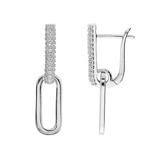 BOUCLES D'OREILLES ARGENT RHODIÉ 2 ELEMENTS 1 PAVÉ OXYDES BLANCS SERTIS ET 1 LISSE