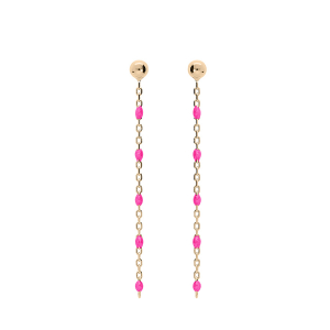 BOUCLES D'OREILLES TIGE ARGENT ET DORURE JAUNE OLIVES RÉSINE ROSE FLUO