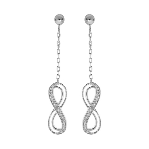 BOUCLES D'OREILLES TIGE ARGENT RHODIÉ PENDANTE MOTIF INFINI AJOURÉ AVEC OXYDES BLANCS SERTIS