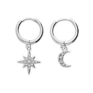 BOUCLES D'OREILLES ARGENT RHODIÉ PETITE CRÉOLES 1 PAMPILLE ETOILE DU NORD 1 DEMI LUNE  OXYDES BLANCS SERTIS
