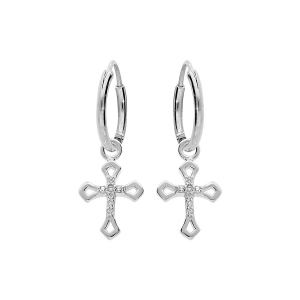 CRÉOLES ARGENT RHODIÉ 10MM PAMPILLE CROIX OXYDES BLANCS SERTIS