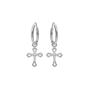 CRÉOLES ARGENT RHODIÉ 10MM PAMPILLE CROIX OXYDES BLANCS SERTIS