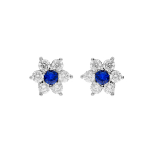 BOUCLES D'OREILLES TIGE ARGENT RHODIÉ FLEUR MARGUERITE OXYDES CENTRE BLEU FONCÉ ET CONTOUR BLANCS SERTIS