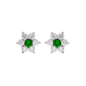 BOUCLES D'OREILLES TIGE ARGENT RHODIÉ MARGUERITE OXYDES CENTRE VERT ET CONTOUR BLANCS SERTIS