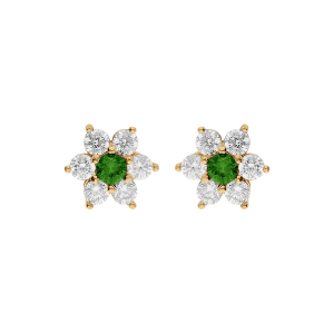 BOUCLES D'OREILLES TIGE ARGENT RHODIÉ FLEUR MARGUERITE OXYDES CENTRE VERT ET CONTOUR BLANCS SERTIS