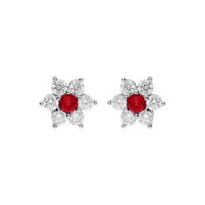 BOUCLES D'OREILLES TIGE ARGENT RHODIÉ MARGUERITE OXYDES CENTRE ROUGE ET CONTOUR BLANCS SERTIS